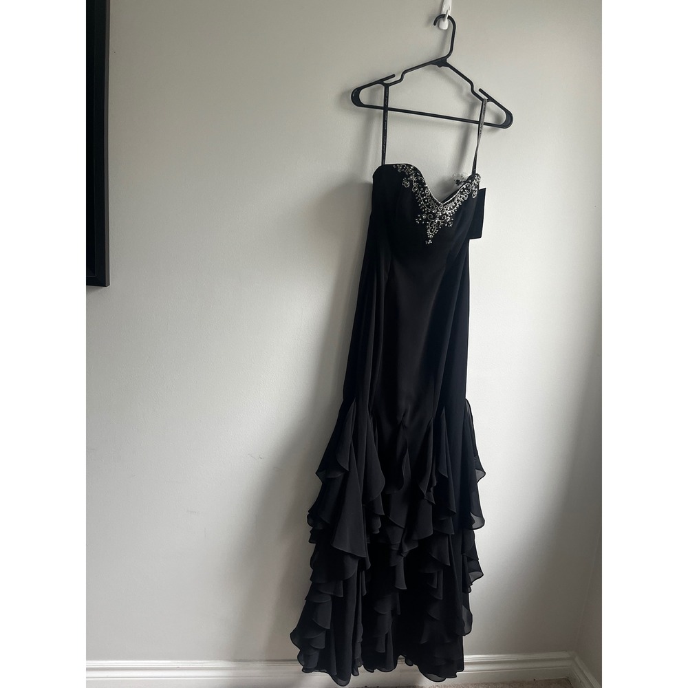 Alfred Angelo Sapphire Black Chiffon Beaded Ruffle Mermaid Evening Gown Size 4 - Picture 14 of 16